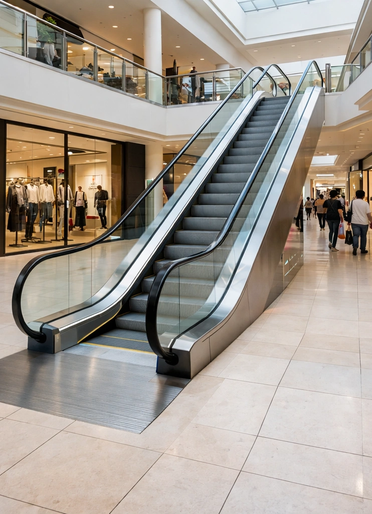 Mall escalator glass and runway before branding application